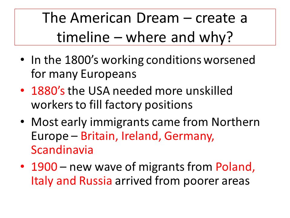 The American Dream – create a timeline – where and why.