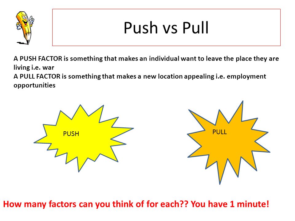 Push vs Pull A PUSH FACTOR is something that makes an individual want to leave the place they are living i.e.