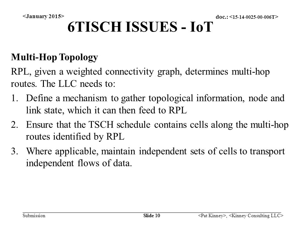 doc.: Submission, Slide 10 6TISCH ISSUES - IoT Multi-Hop Topology RPL, given a weighted connectivity graph, determines multi-hop routes.