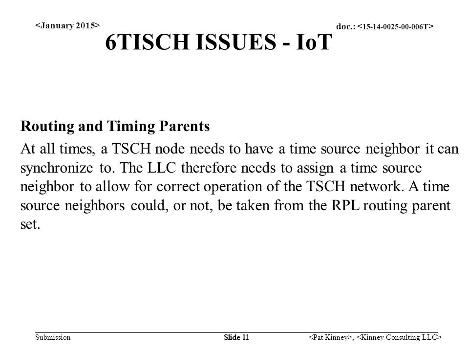 doc.: Submission, Slide 11 6TISCH ISSUES - IoT Routing and Timing Parents At all times, a TSCH node needs to have a time source neighbor it can synchronize to.
