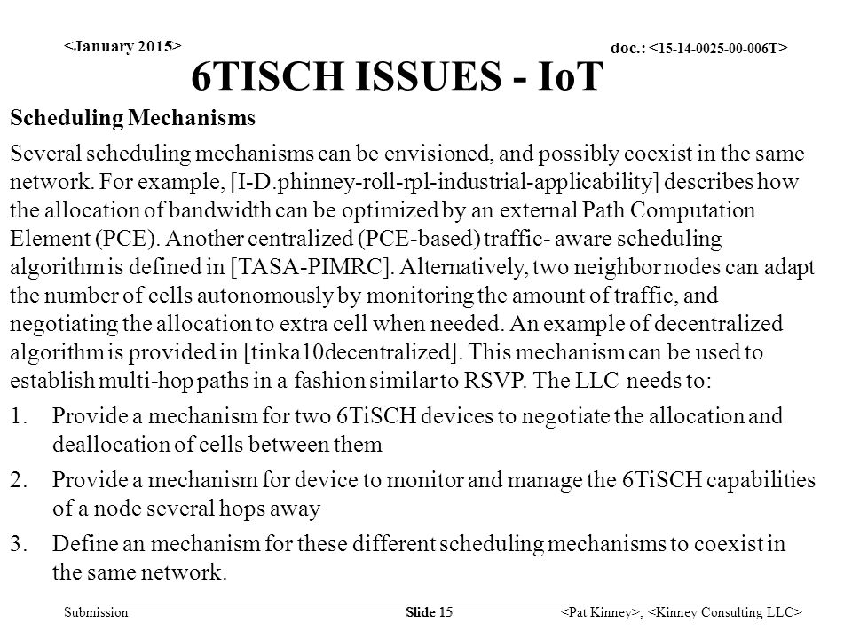 doc.: Submission, Slide 15 6TISCH ISSUES - IoT Scheduling Mechanisms Several scheduling mechanisms can be envisioned, and possibly coexist in the same network.