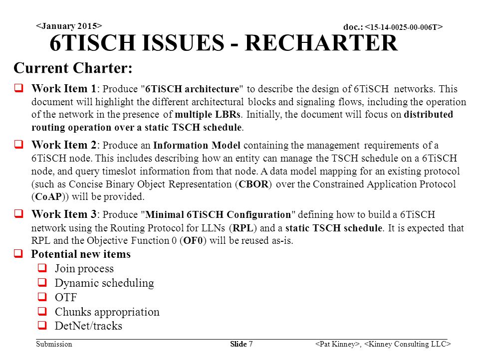 doc.: Submission, Slide 7 6TISCH ISSUES - RECHARTER Current Charter:  Work Item 1: Produce 6TiSCH architecture to describe the design of 6TiSCH networks.