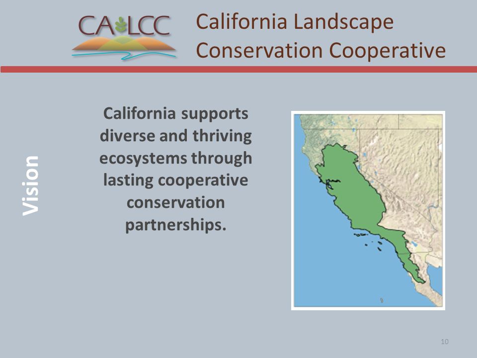 Vision California Landscape Conservation Cooperative 10 California supports diverse and thriving ecosystems through lasting cooperative conservation partnerships.