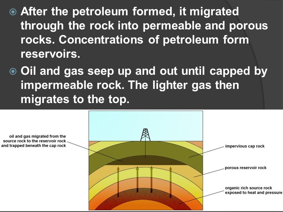  After the petroleum formed, it migrated through the rock into permeable and porous rocks.