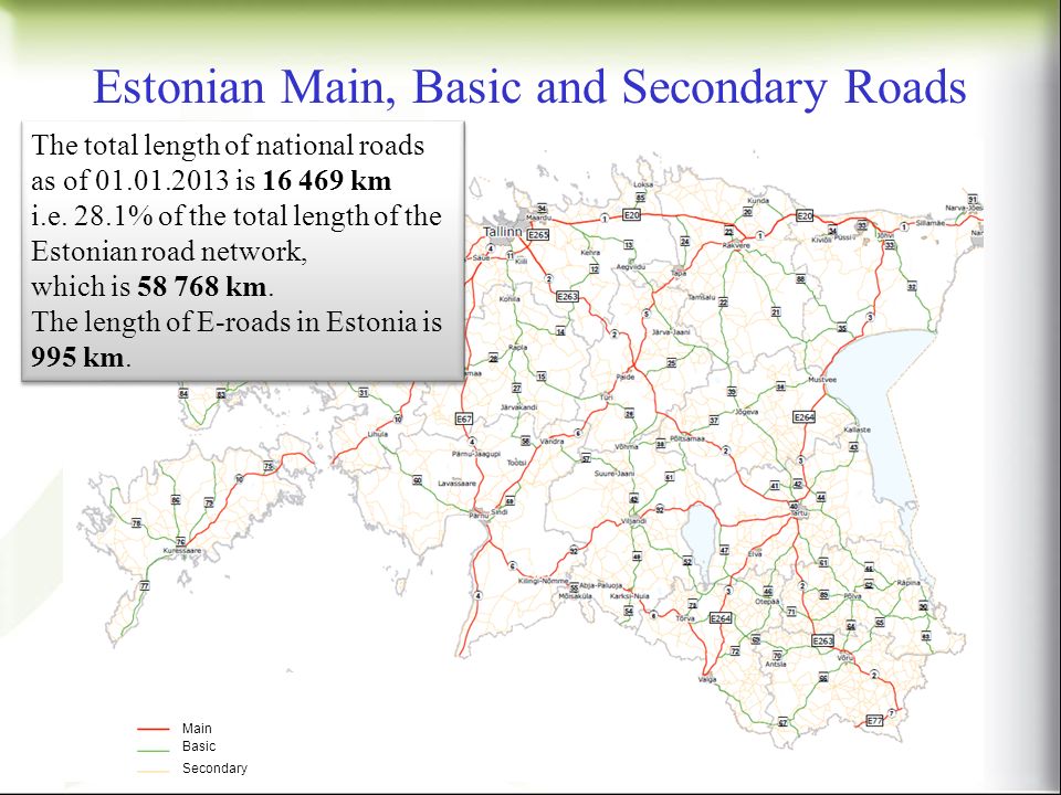 Estonian Main, Basic and Secondary Roads 2 The total length of national roads as of is km i.e.