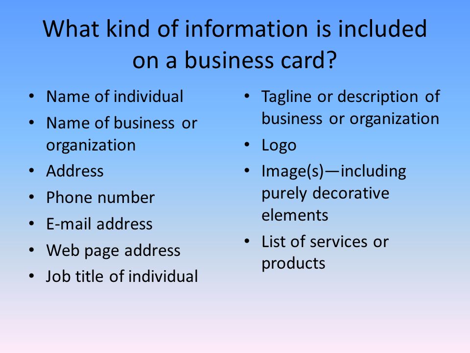 What kind of information is included on a business card.