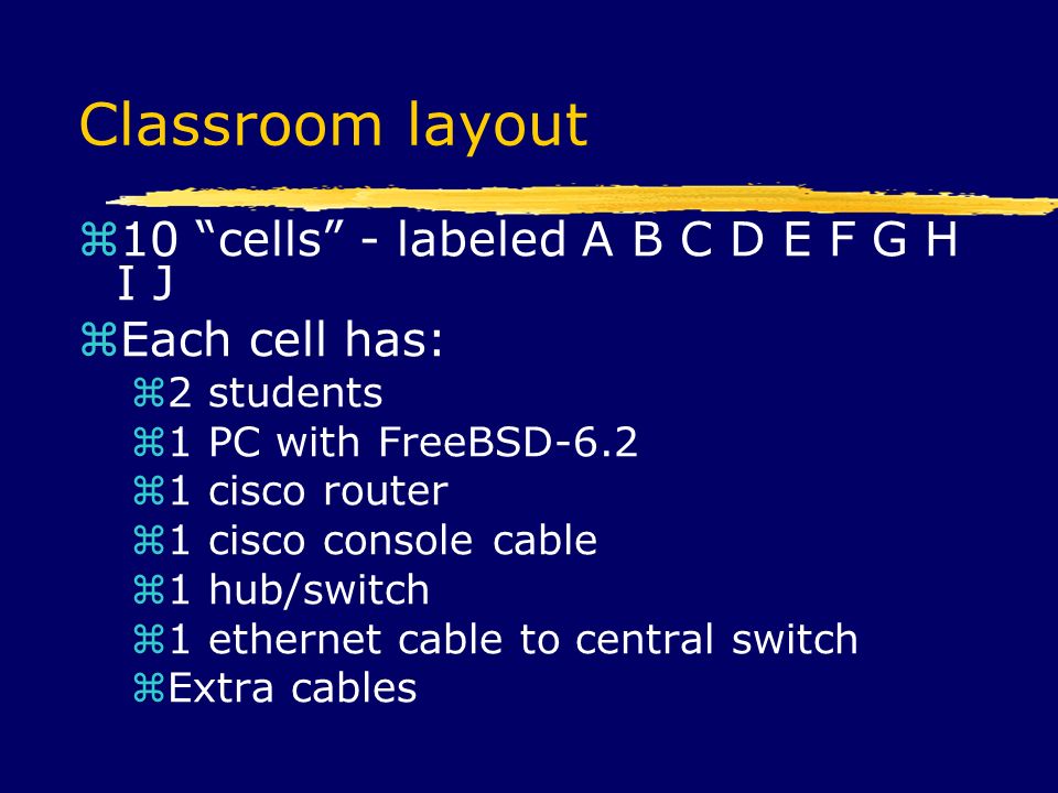 Classroom layout  10 cells - labeled A B C D E F G H I J  Each cell has:  2 students  1 PC with FreeBSD-6.2  1 cisco router  1 cisco console cable  1 hub/switch  1 ethernet cable to central switch  Extra cables