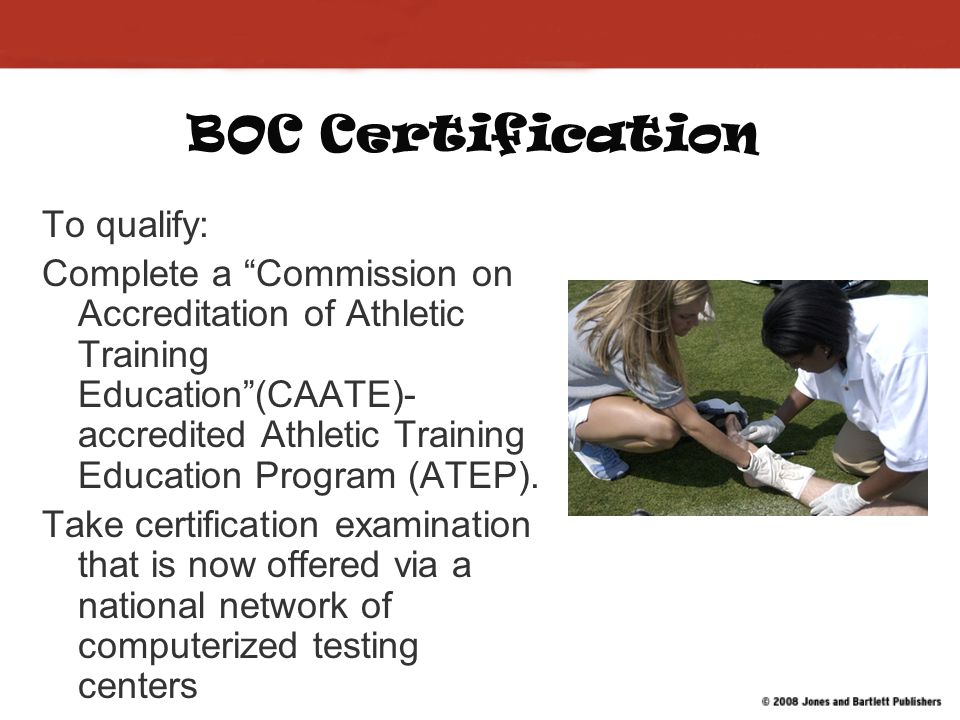 Athletic Trainer BOC-certified athletic trainer: an allied health care professional with extensive education in clinical care & prevention of sports injuries.