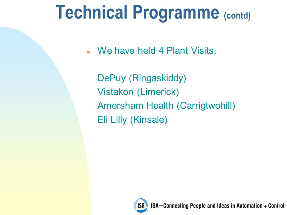 Technical Programme (contd) n We have held 4 Plant Visits.