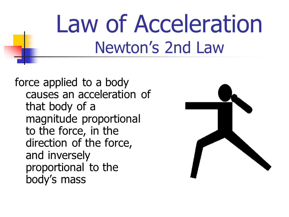 Law of Acceleration Newton’s 2nd Law force applied to a body causes an acceleration of that body of a magnitude proportional to the force, in the direction of the force, and inversely proportional to the body’s mass