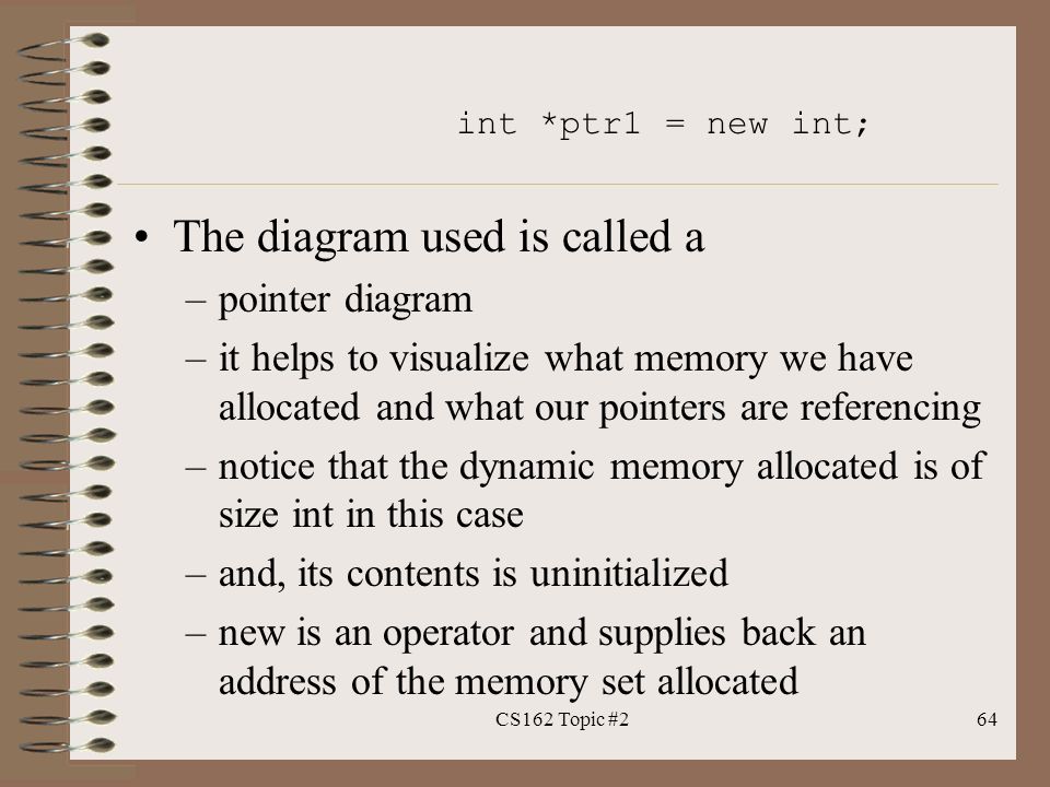 int *ptr1 = new int; The diagram used is called a –pointer diagram –it helps to visualize what memory we have allocated and what our pointers are referencing –notice that the dynamic memory allocated is of size int in this case –and, its contents is uninitialized –new is an operator and supplies back an address of the memory set allocated 64CS162 Topic #2