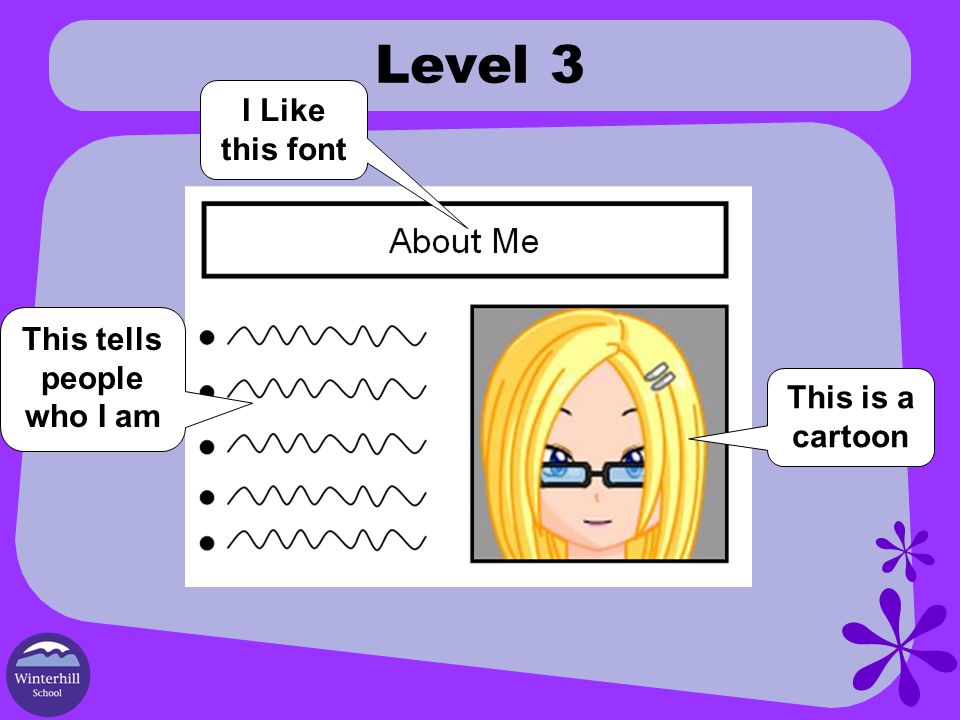 Level 3 This is a cartoon I Like this font This tells people who I am