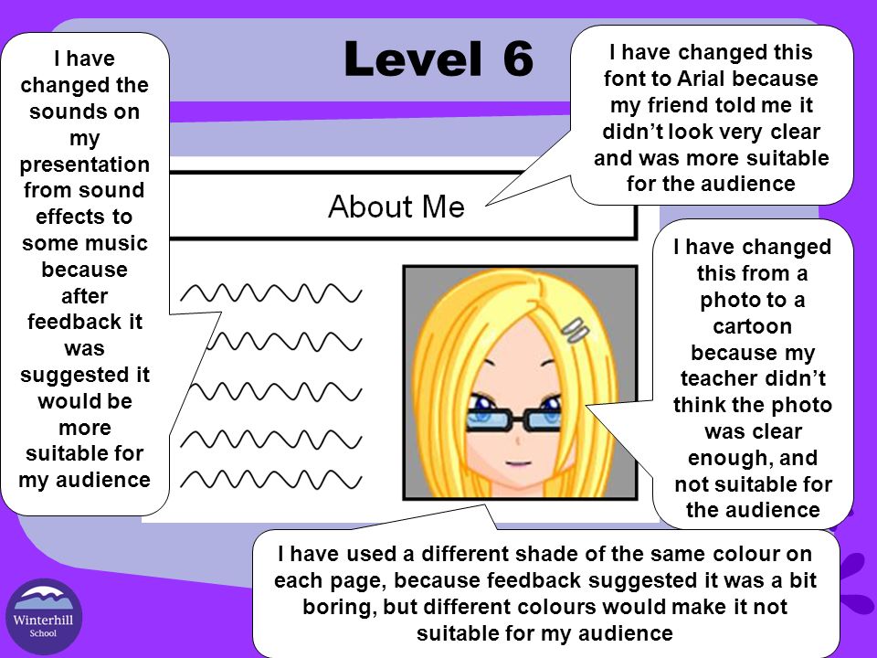 Level 6 I have changed this from a photo to a cartoon because my teacher didn’t think the photo was clear enough, and not suitable for the audience I have changed this font to Arial because my friend told me it didn’t look very clear and was more suitable for the audience I have changed the sounds on my presentation from sound effects to some music because after feedback it was suggested it would be more suitable for my audience I have used a different shade of the same colour on each page, because feedback suggested it was a bit boring, but different colours would make it not suitable for my audience
