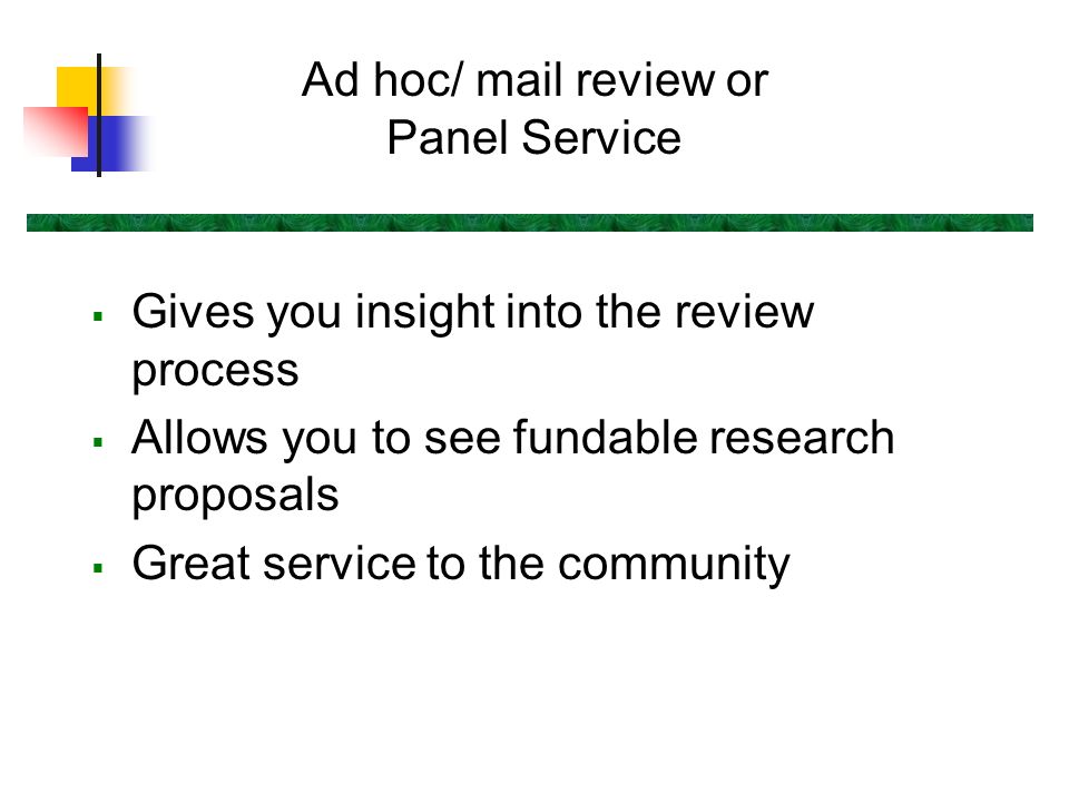 Ad hoc/ mail review or Panel Service  Gives you insight into the review process  Allows you to see fundable research proposals  Great service to the community