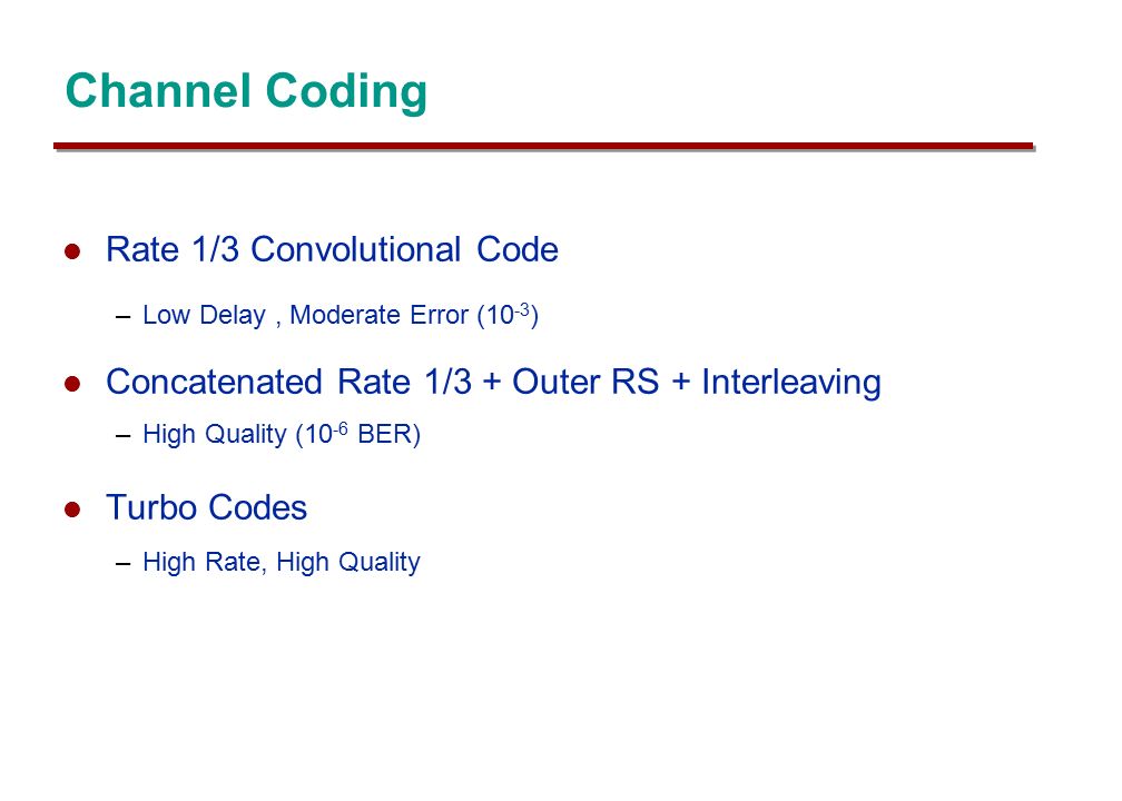 Channel Coding Rate 1/3 Convolutional Code –Low Delay, Moderate Error (10 -3 ) Concatenated Rate 1/3 + Outer RS + Interleaving –High Quality (10 -6 BER) Turbo Codes –High Rate, High Quality