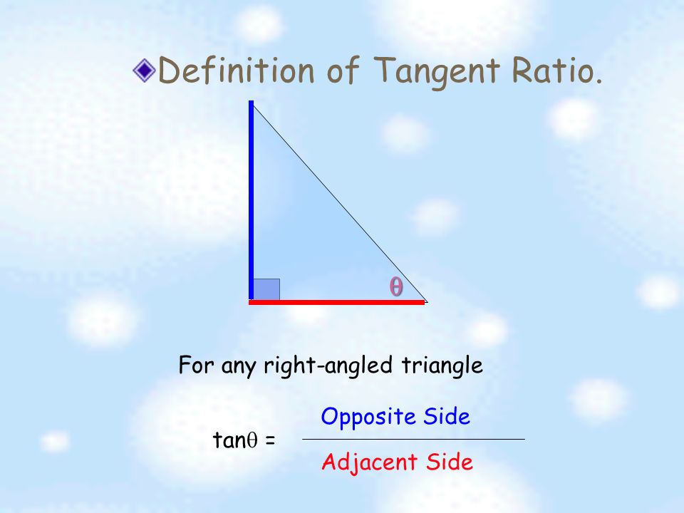 Tangent Ratios  Definition of Tangent.  Relation of Tangent to the sides of right angle triangle.