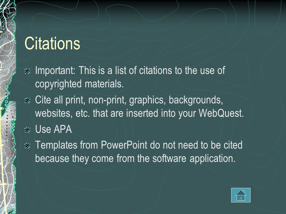 Citations Important: This is a list of citations to the use of copyrighted materials.