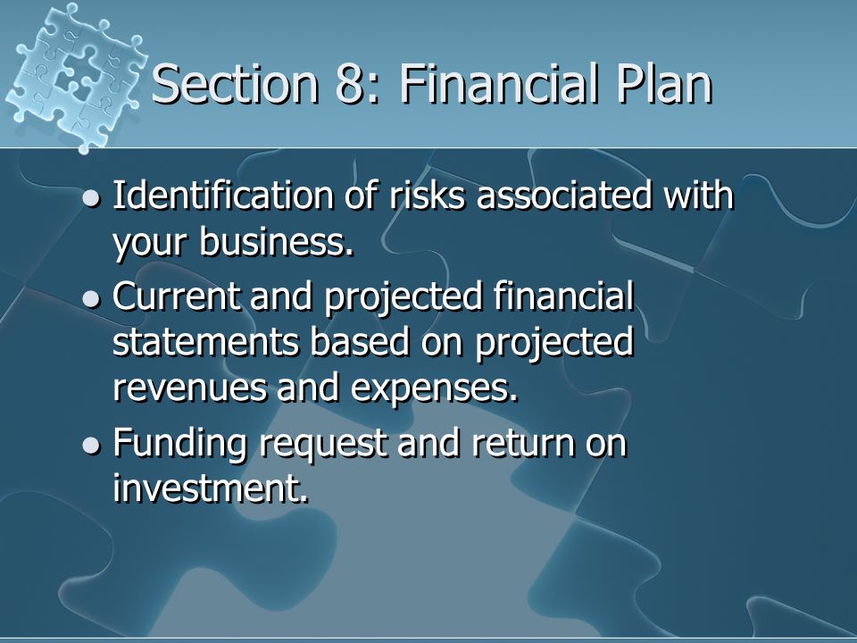 Section 8: Financial Plan Identification of risks associated with your business.