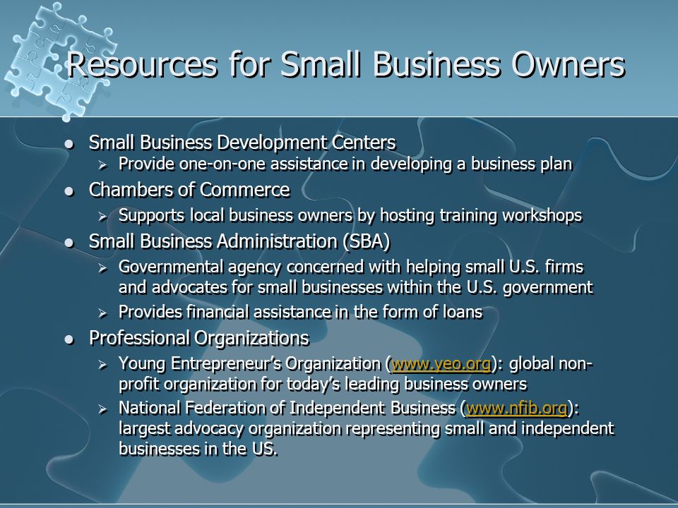 Resources for Small Business Owners Small Business Development Centers  Provide one-on-one assistance in developing a business plan Chambers of Commerce  Supports local business owners by hosting training workshops Small Business Administration (SBA)  Governmental agency concerned with helping small U.S.