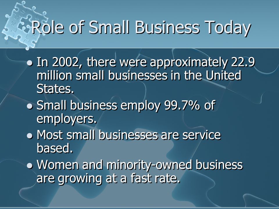 Role of Small Business Today In 2002, there were approximately 22.9 million small businesses in the United States.