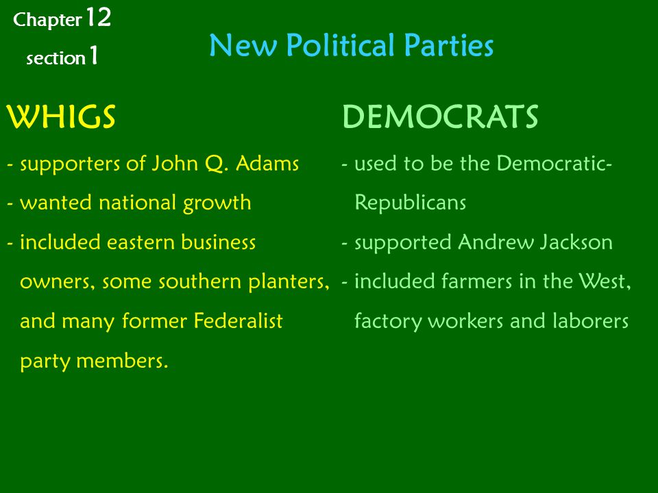 New Political Parties Chapter 12 section 1 WHIGS - supporters of John Q.