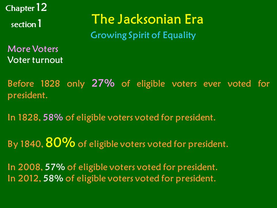 The Jacksonian Era More Voters Voter turnout Before 1828 only 27% of eligible voters ever voted for president.