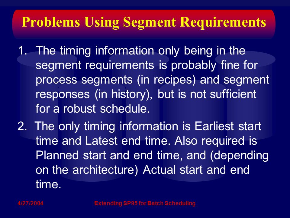 4/27/2004Extending SP95 for Batch Scheduling Problems Using Segment Requirements 1.The timing information only being in the segment requirements is probably fine for process segments (in recipes) and segment responses (in history), but is not sufficient for a robust schedule.