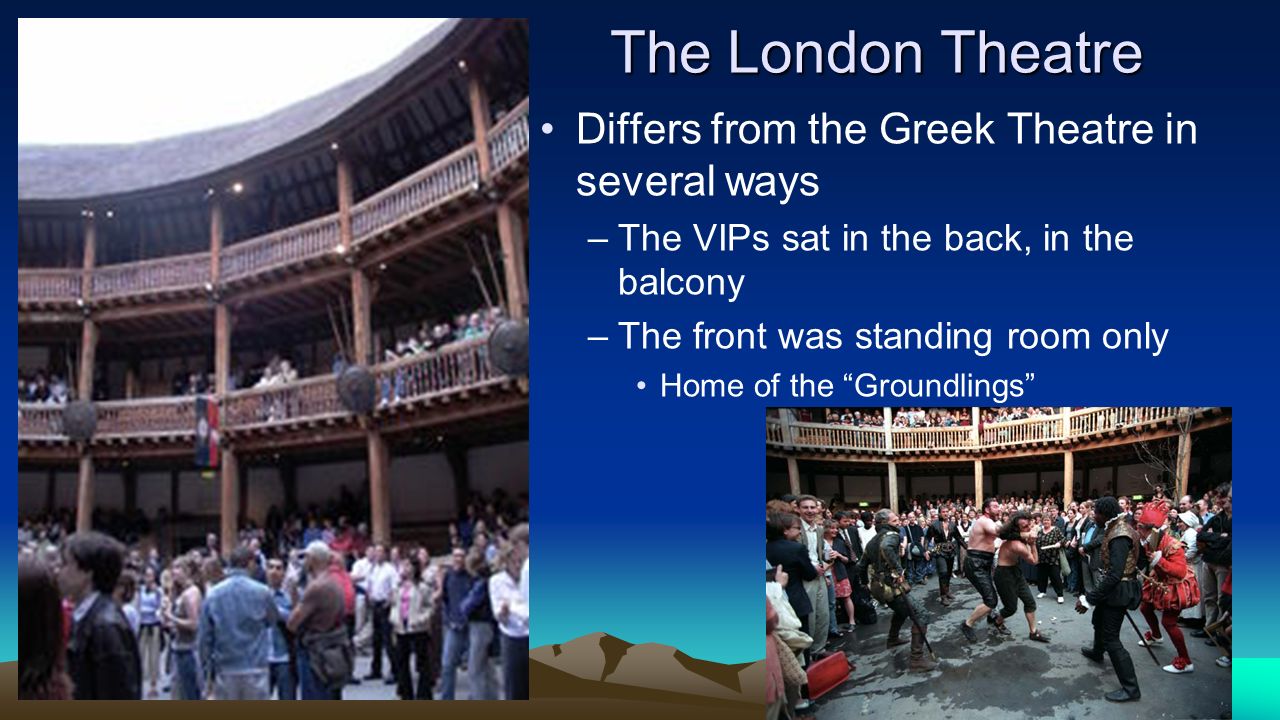 The London Theatre Differs from the Greek Theatre in several ways –The VIPs sat in the back, in the balcony –The front was standing room only Home of the Groundlings