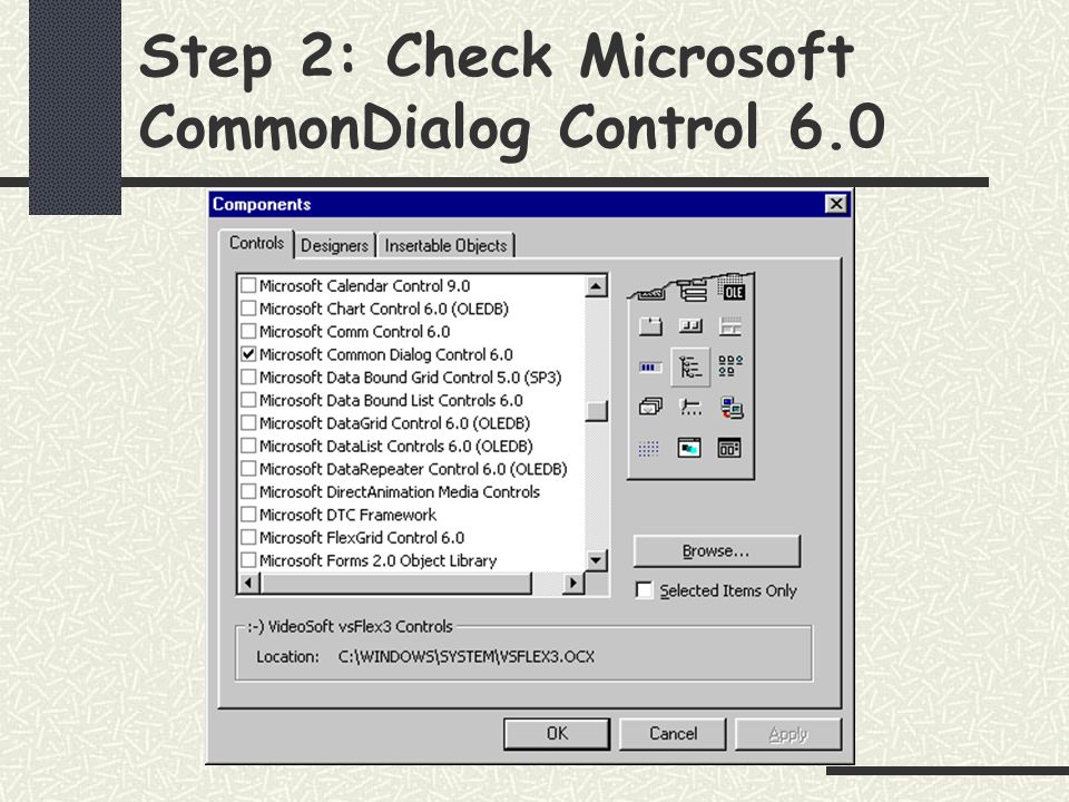 The Common Dialog Box. Installing the Common Dialog Box May NOT be your  standard VB toolbox. - ppt download
