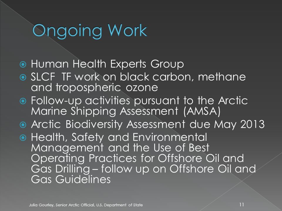  Human Health Experts Group  SLCF TF work on black carbon, methane and tropospheric ozone  Follow-up activities pursuant to the Arctic Marine Shipping Assessment (AMSA)  Arctic Biodiversity Assessment due May 2013  Health, Safety and Environmental Management and the Use of Best Operating Practices for Offshore Oil and Gas Drilling – follow up on Offshore Oil and Gas Guidelines 11 Julia Gourley, Senior Arctic Official, U.S.