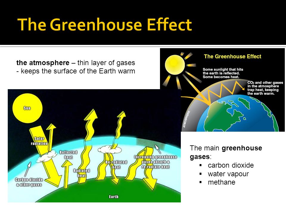 The main greenhouse gases:  carbon dioxide  water vapour  methane the atmosphere – thin layer of gases - keeps the surface of the Earth warm