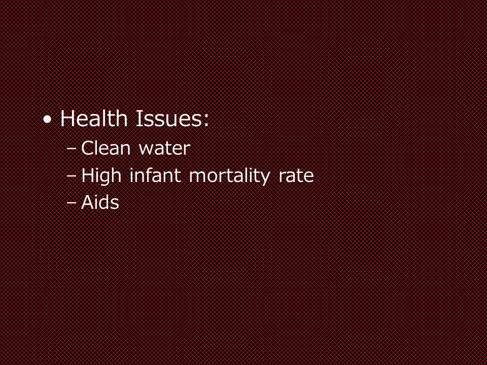 Health Issues: –Clean water –High infant mortality rate –Aids