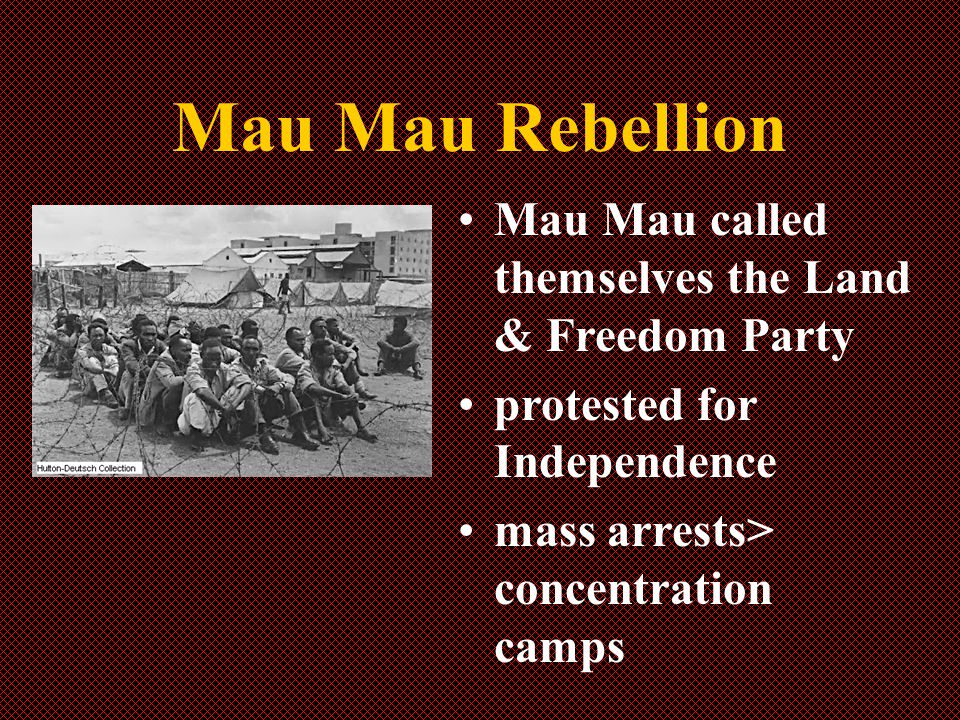 Mau Mau Rebellion Mau Mau called themselves the Land & Freedom Party protested for Independence mass arrests> concentration camps