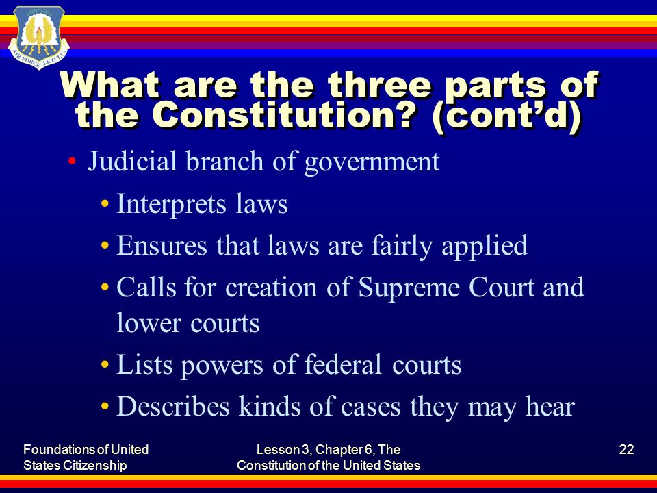 Foundations of United States Citizenship Lesson 3, Chapter 6, The Constitution of the United States 22 What are the three parts of the Constitution.