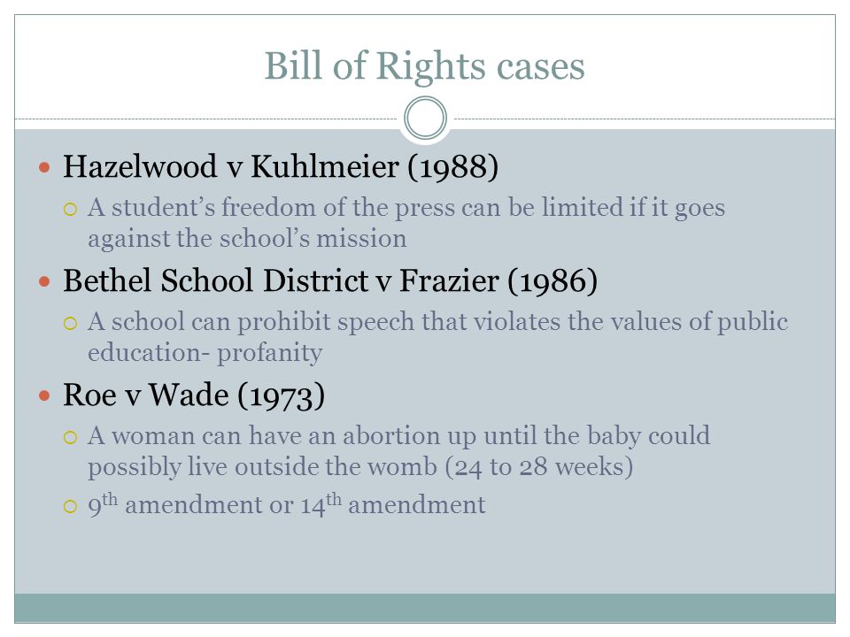 Bill of Rights cases Hazelwood v Kuhlmeier (1988)  A student’s freedom of the press can be limited if it goes against the school’s mission Bethel School District v Frazier (1986)  A school can prohibit speech that violates the values of public education- profanity Roe v Wade (1973)  A woman can have an abortion up until the baby could possibly live outside the womb (24 to 28 weeks)  9 th amendment or 14 th amendment