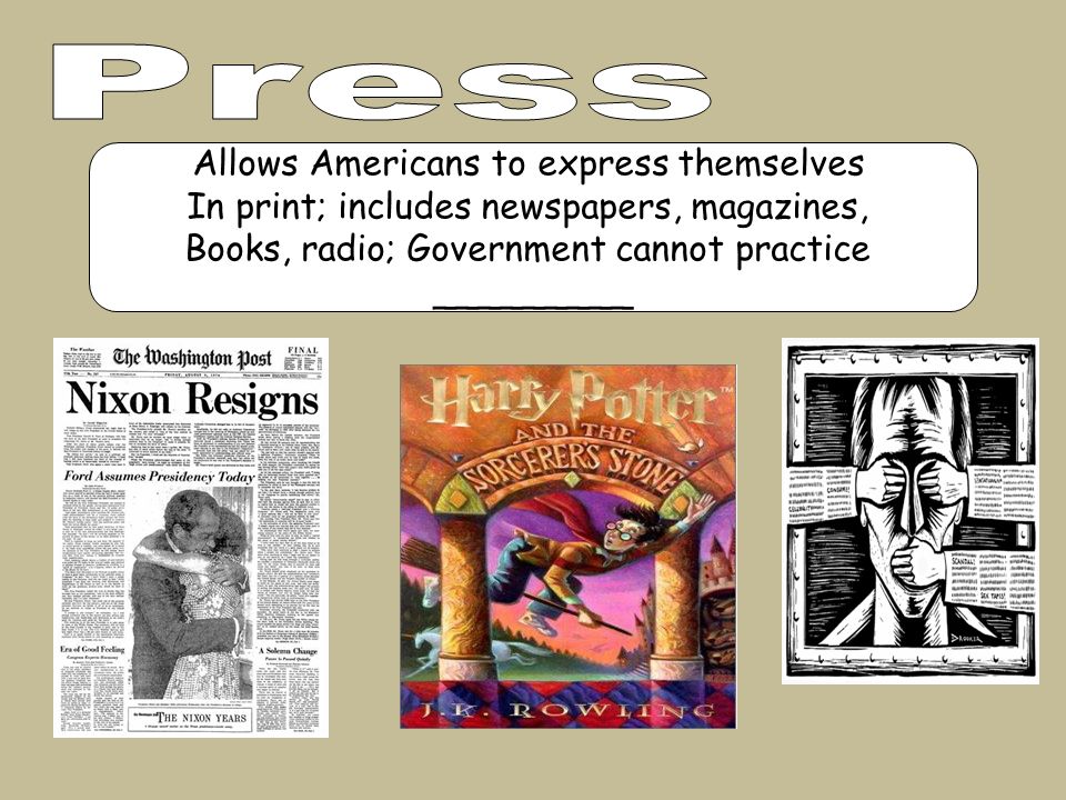 Allows Americans to express themselves In print; includes newspapers, magazines, Books, radio; Government cannot practice _________