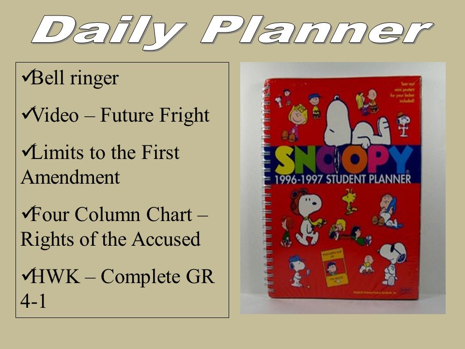 Bell ringer Video – Future Fright Limits to the First Amendment Four Column Chart – Rights of the Accused HWK – Complete GR 4-1