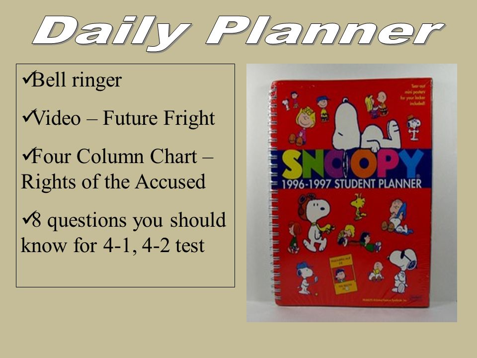 Bell ringer Video – Future Fright Four Column Chart – Rights of the Accused 8 questions you should know for 4-1, 4-2 test
