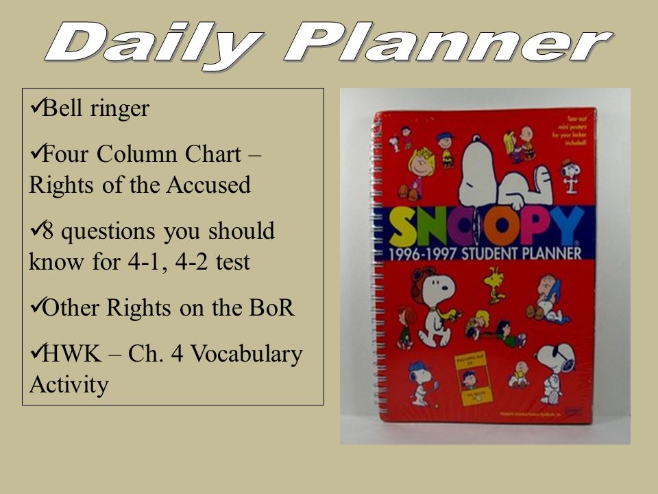 Bell ringer Four Column Chart – Rights of the Accused 8 questions you should know for 4-1, 4-2 test Other Rights on the BoR HWK – Ch.