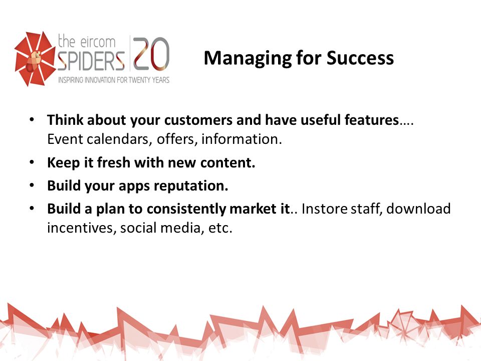 Managing for Success Think about your customers and have useful features….