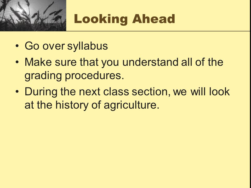 Looking Ahead Go over syllabus Make sure that you understand all of the grading procedures.