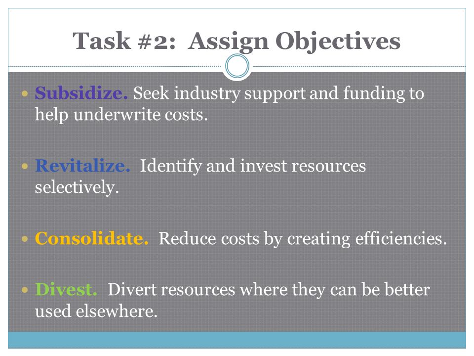 Task #2: Assign Objectives Subsidize. Seek industry support and funding to help underwrite costs.