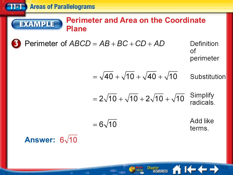 Lesson 1 Ex3 Definition of perimeter Perimeter and Area on the Coordinate Plane Substitution Simplify radicals.
