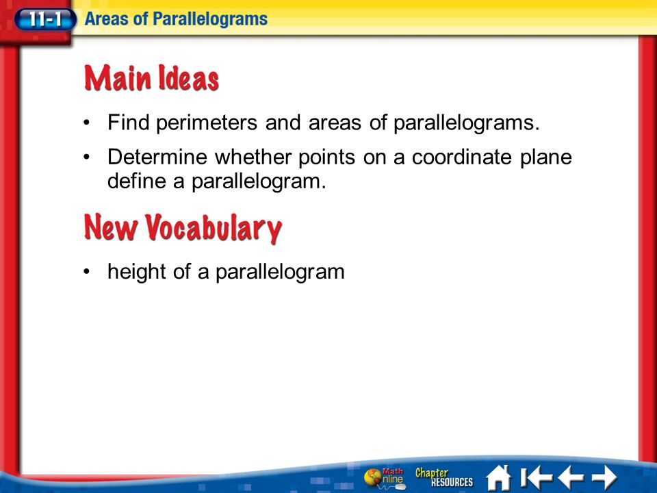Lesson 1 MI/Vocab height of a parallelogram Find perimeters and areas of parallelograms.