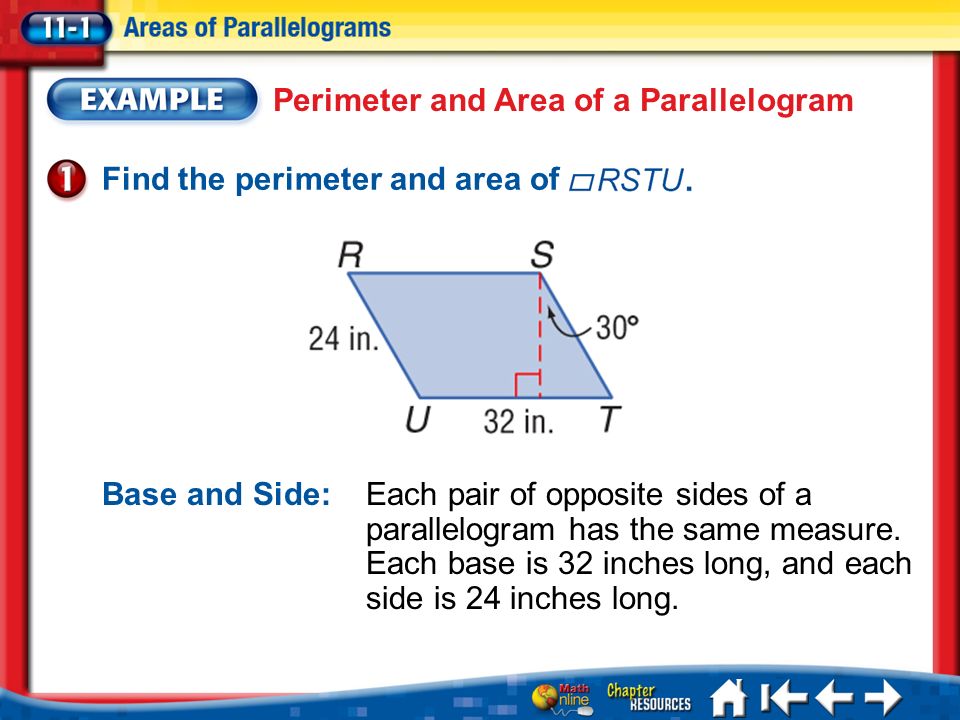 Lesson 1 Ex1 Perimeter and Area of a Parallelogram Base and Side:Each pair of opposite sides of a parallelogram has the same measure.