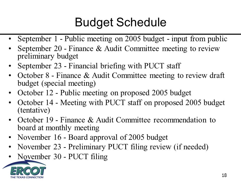 18 Budget Schedule September 1 - Public meeting on 2005 budget - input from public September 20 - Finance & Audit Committee meeting to review preliminary budget September 23 - Financial briefing with PUCT staff October 8 - Finance & Audit Committee meeting to review draft budget (special meeting) October 12 - Public meeting on proposed 2005 budget October 14 - Meeting with PUCT staff on proposed 2005 budget (tentative) October 19 - Finance & Audit Committee recommendation to board at monthly meeting November 16 - Board approval of 2005 budget November 23 - Preliminary PUCT filing review (if needed) November 30 - PUCT filing
