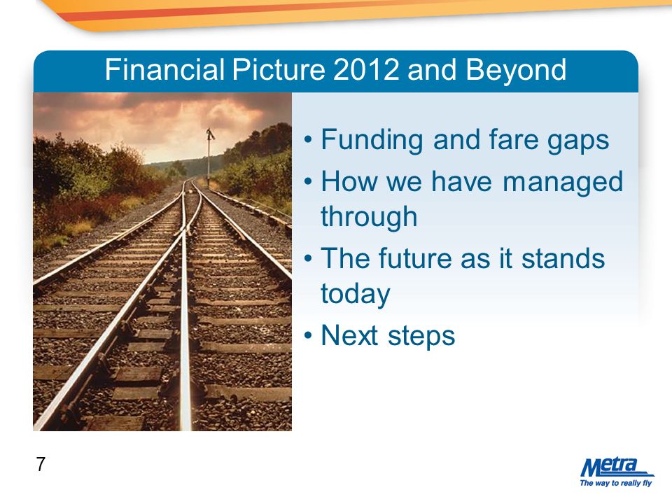 Financial Picture 2012 and Beyond Funding and fare gaps How we have managed through The future as it stands today Next steps 7