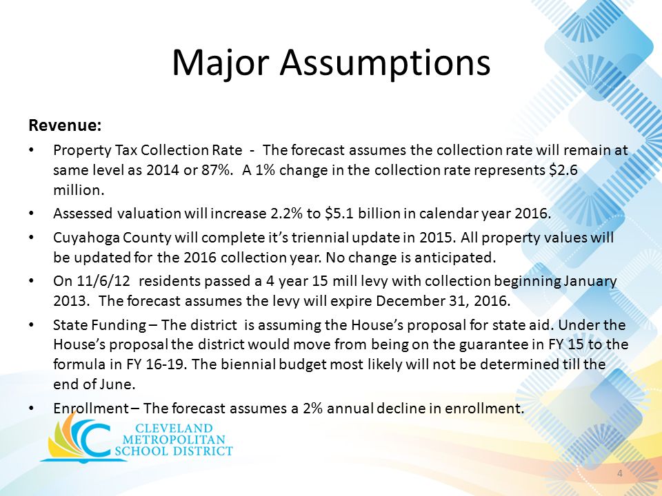 4 Revenue: Property Tax Collection Rate - The forecast assumes the collection rate will remain at same level as 2014 or 87%.