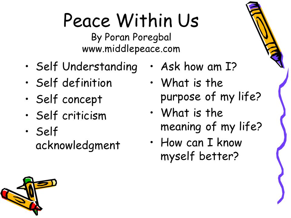 Peace Within Us By Poran Poregbal   Self Understanding Self definition Self concept Self criticism Self acknowledgment Ask how am I.