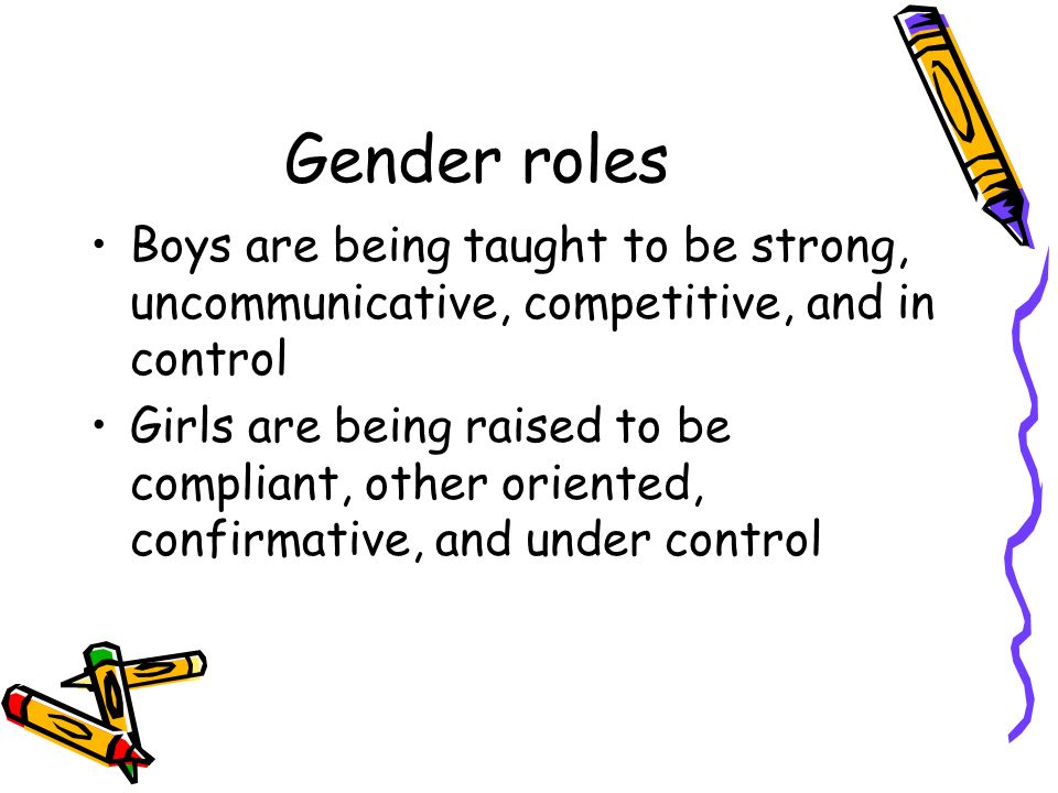 Gender roles Boys are being taught to be strong, uncommunicative, competitive, and in control Girls are being raised to be compliant, other oriented, confirmative, and under control